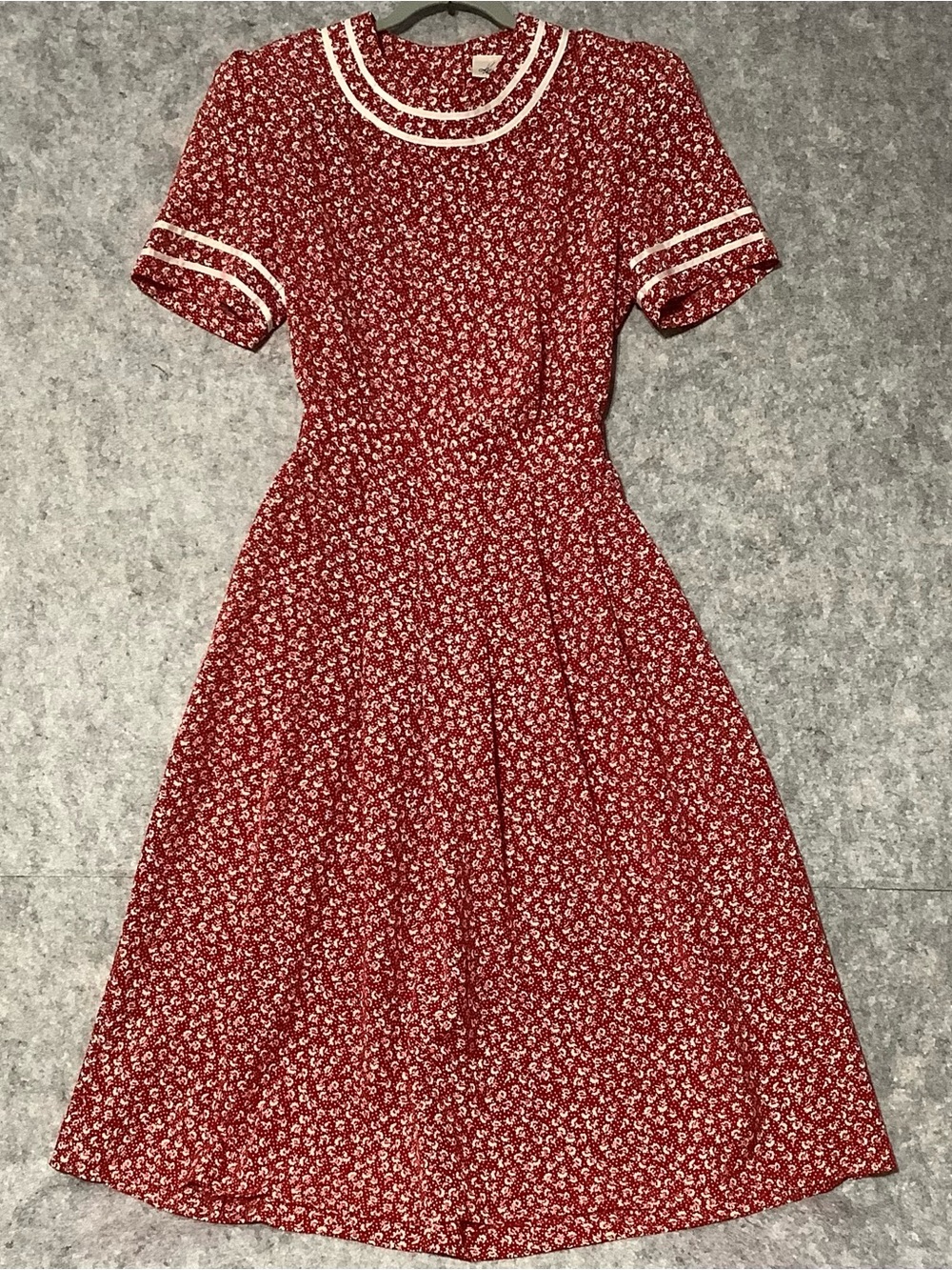 VTG Kathie Lee Praire Cottagecore Red Floral Midi Dress White Trim Patriotic